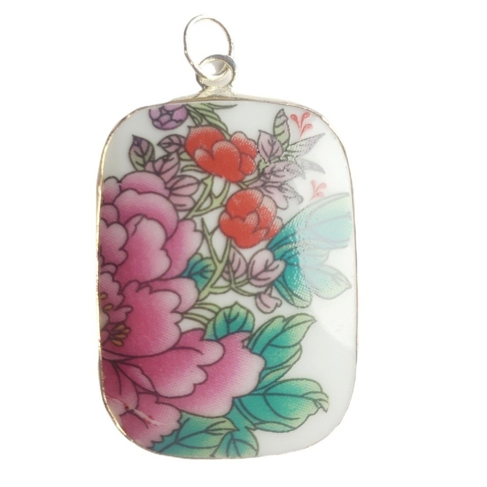 Floral Porcelain Pendant Rectangular Pink Peony Transferware Pottery Shard Focal